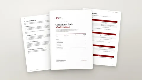 Consultant pack master guide, fanned pages showing the cover, template index and essential three