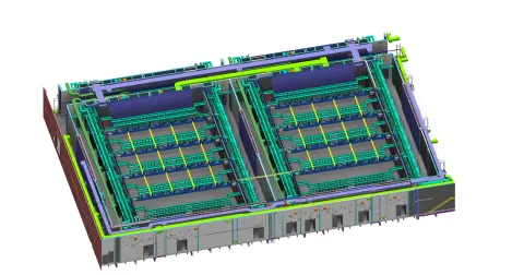 Data centre hall coordination, power, cooling and white space resolved against the structural shell