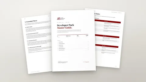 Developer pack master guide, fanned pages showing the cover, template index and essential three