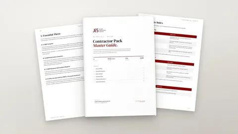 Contractor pack master guide, fanned pages showing the cover, template index and essential three