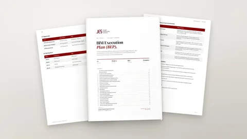 BIM Execution Plan template, fanned pages showing the BEP cover, contents and distribution table