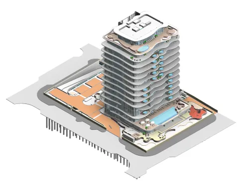 High-rise tower coordination, core, risers, facade and floor plates resolved at Stage 2